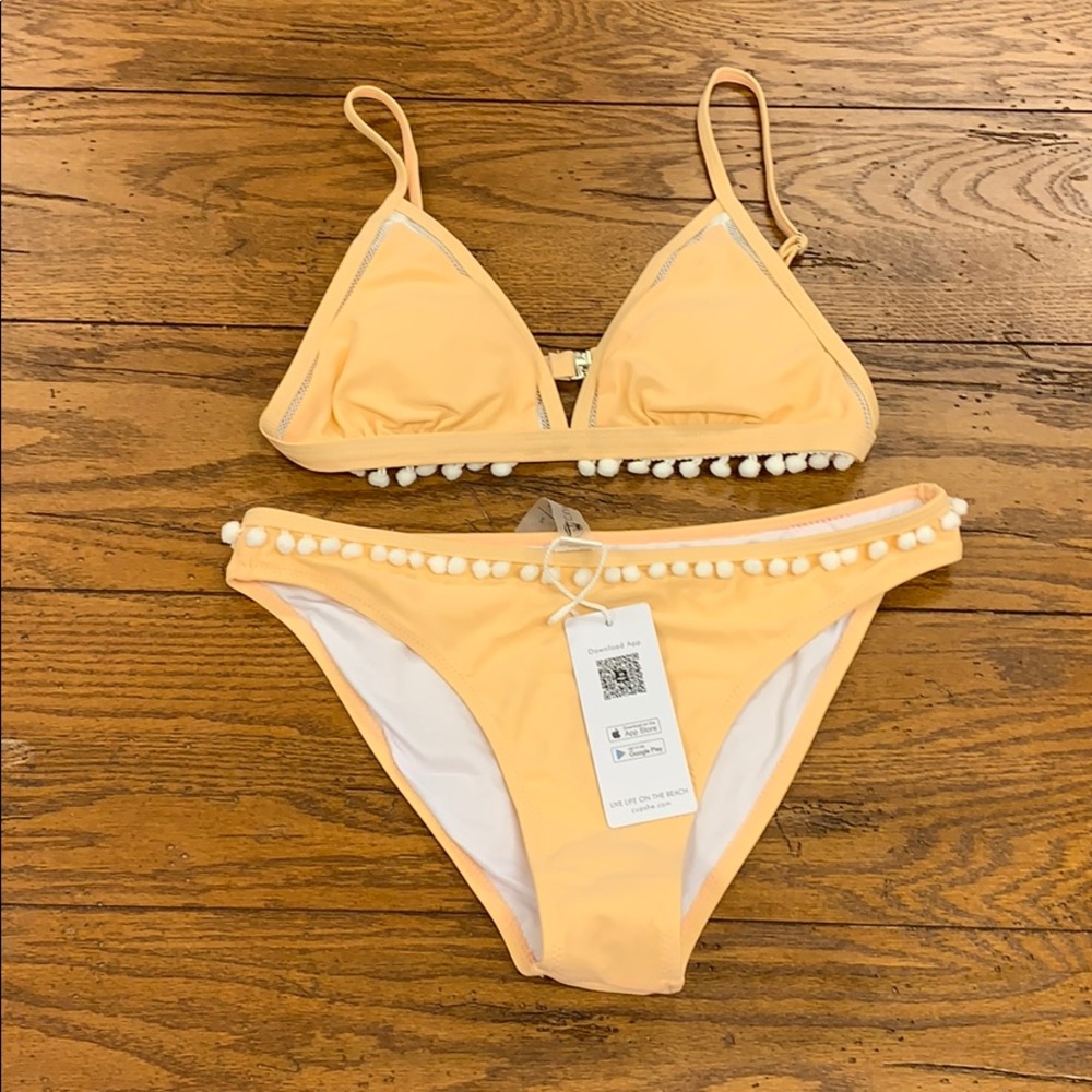 Peachy Pink Triangle Bikini with Pom